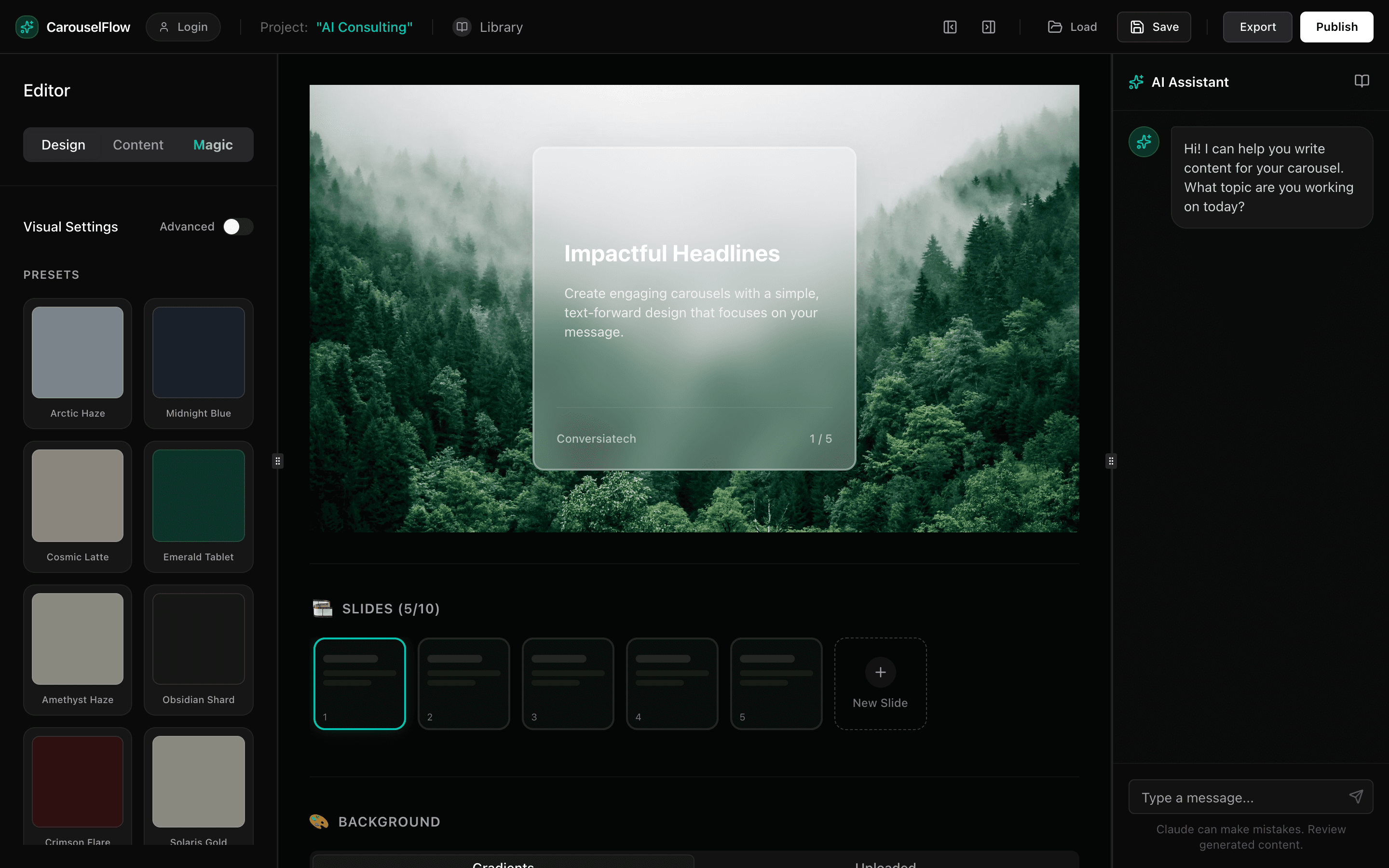 The studio: editor, canvas and AI assistant