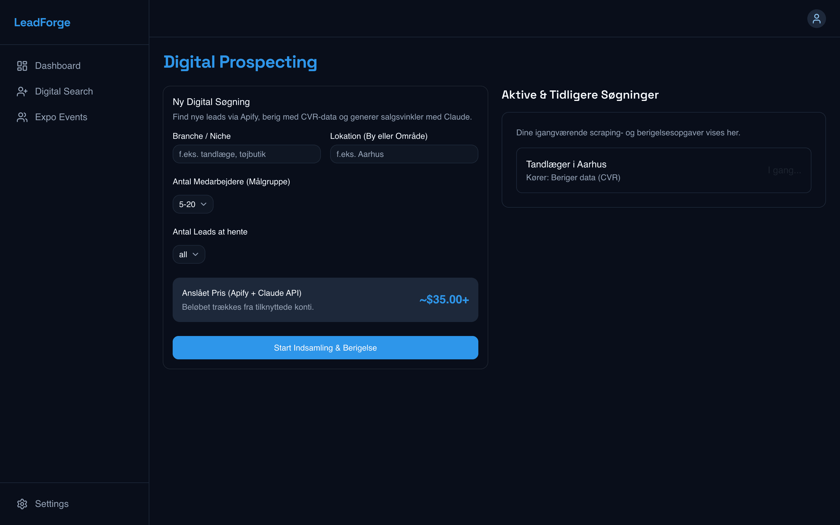 Digital prospecting with live cost estimate